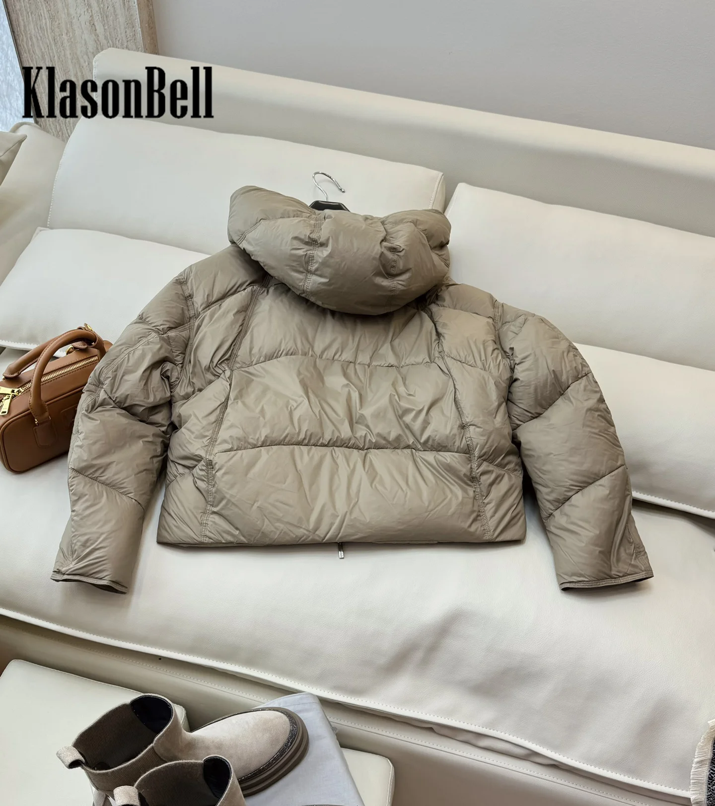 8.28 KlasonBell-Women Fashion Hooded White Goose Down Short Jacket Adjustable Drawstring Design Loose All-matches Down Coat