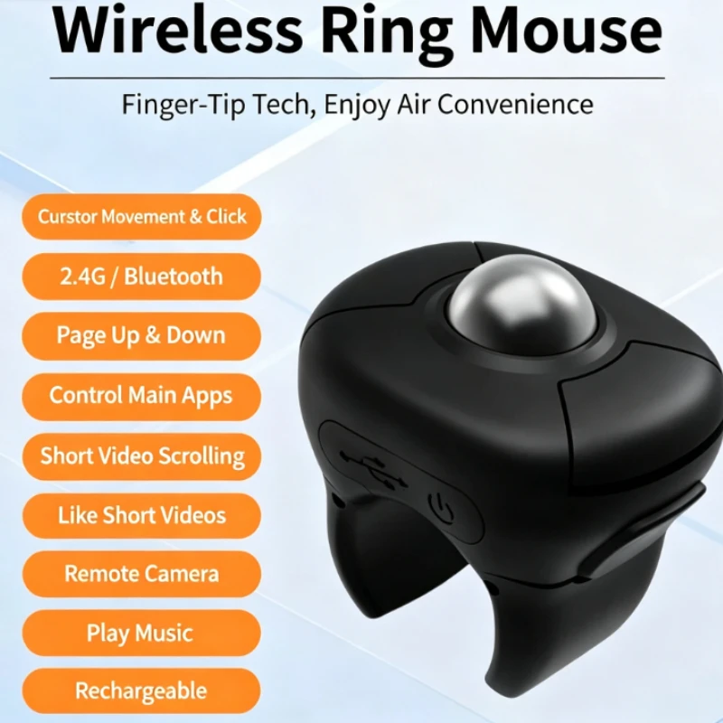 Portable Wireless Finger Ring Trackball Mouse, 2.4G+Bluetooth Dual‑Mode Remote Controller for PPT Short‑Video Car Operation