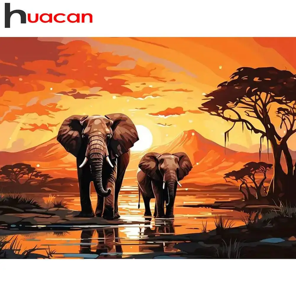 Huacan Diamant-Mosaik, Elefant, Tier, Sonnenuntergang, Landschaft, komplett, rund, quadratisch, Diamant-Gemälde, Edelstein-Sets, Zuhause, Wohnzimmer, Kunsthandwerk