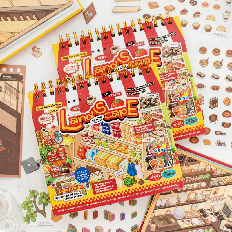 TIANZI 30-Piece Cartoon Miniature Scene Sticker Book DIY Creative Handmade Collage Decals Mini 3D Cottage Journal Materials
