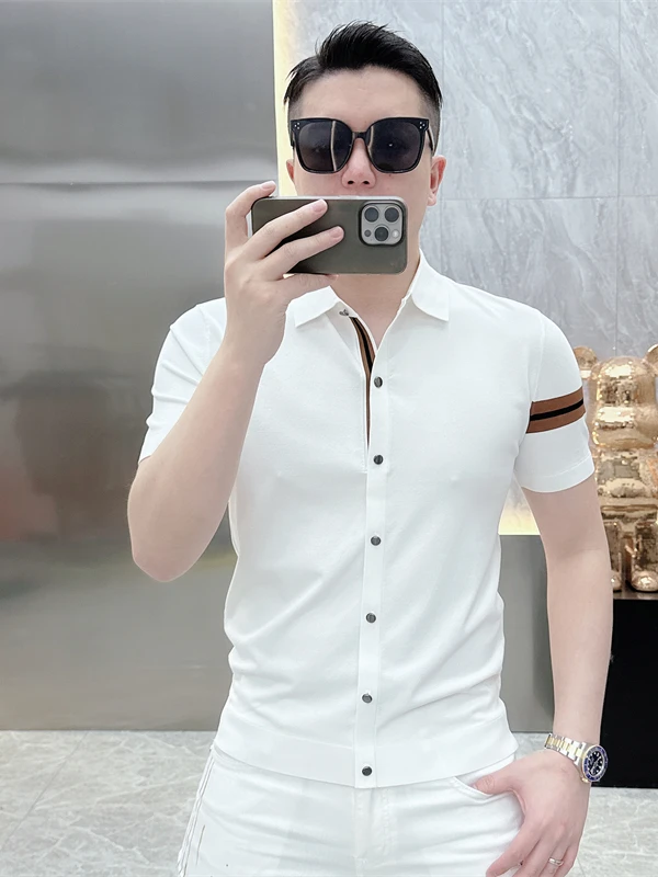 

Slim Fit Ice Silk ort Sve T-irt Collared Summer New Sle Versatile Thin Knitted Men's f Sve irt Youth Faion