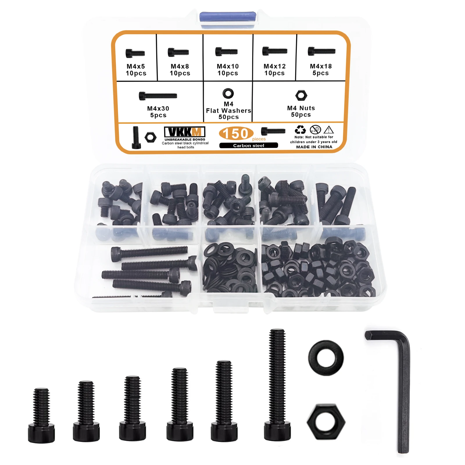 150Pcs Black Cylindrical Head Screws, M4 Hexagon Head Bolt Nut Washer Combination Kit, Full Thread, Allen Sleeve Drive.