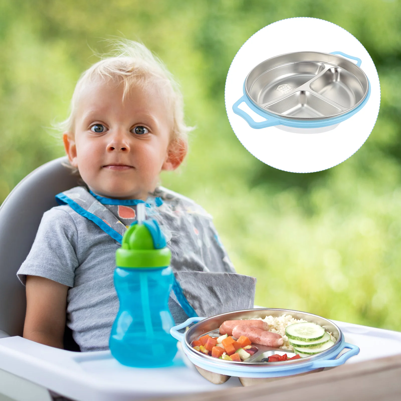 

Baby Food Containers Dinner Plate Children Stainless Steel Divided Feeding Bowl Compartment Blue Travel