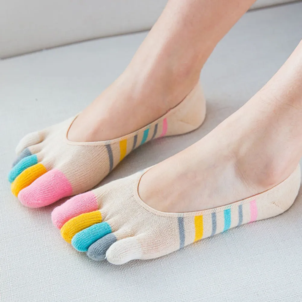 5Pairs Yoga Toe Socks Women Invisible Low Cut Strip Pattern Cotton Elastic Comfortable Seamless Anti Blister Fashionable