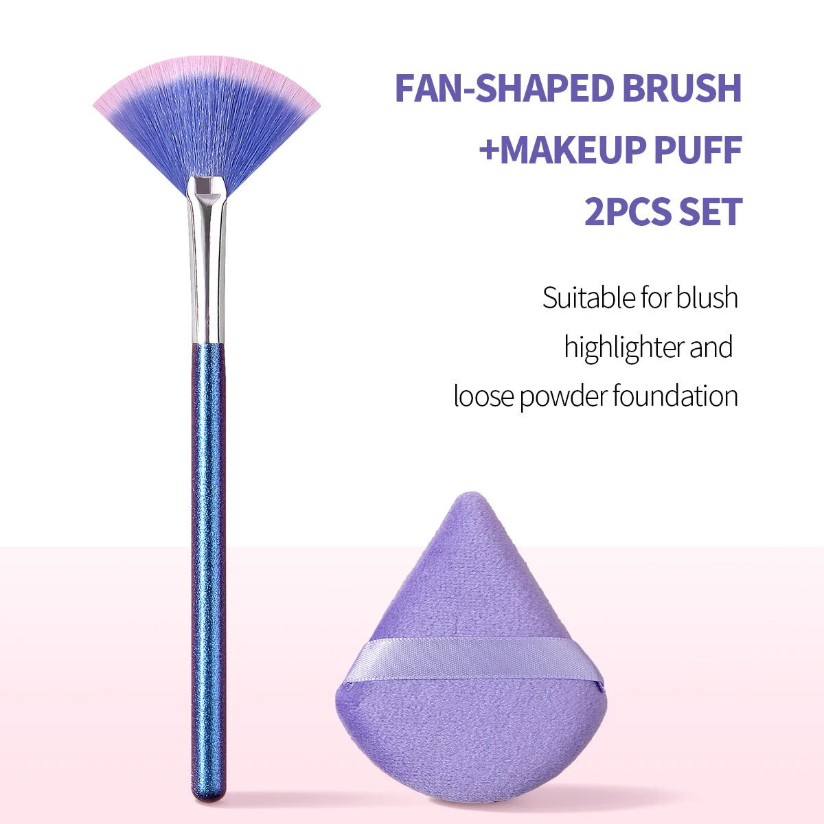 2pcs Fan‑Shaped Highlighter Brush Triangle Makeup Puff Set Soft Cosmetic Tool For Blush Loose Powder Foundation Face Makeup