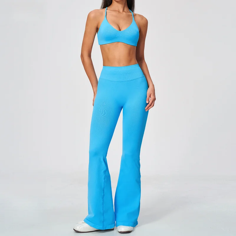 Women Seamless 2‑Piece Yoga Set Racerback Tank Top High Waist Butt Lifting Flared Pants Tummy Slim Pilates Fitness Sportswear