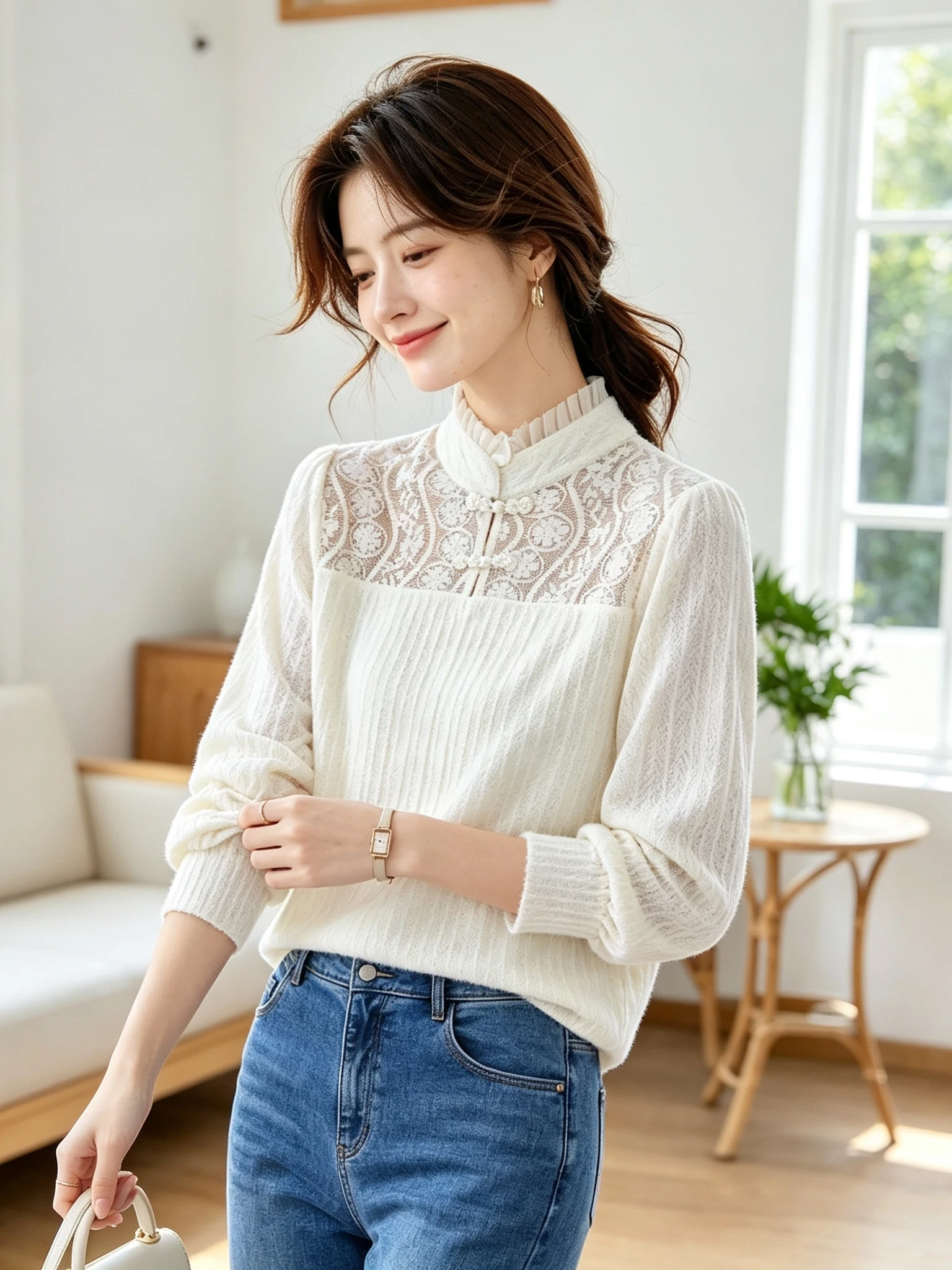 New Chinese Style Long Sleeve Lace Base Shirt Autumn Winter Thickened Inner Wear Fashionable Traditional Pattern Women's Top