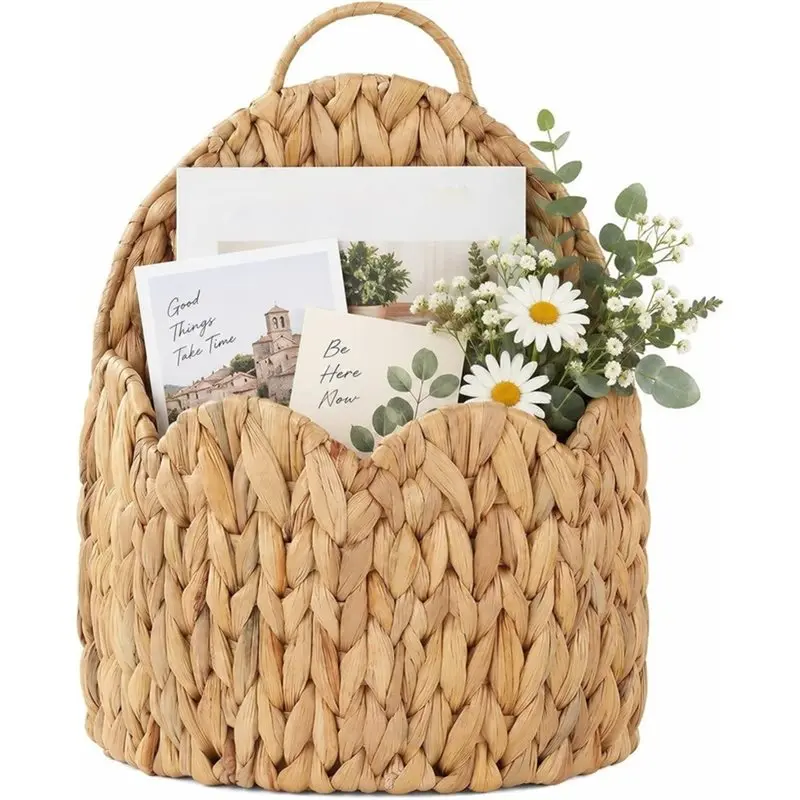 ABUN-Water Hyacinth Hanging Basket In Wicker With Handles-Farmhouse Style For Mail, Flowers, Entryway Decoration Wall