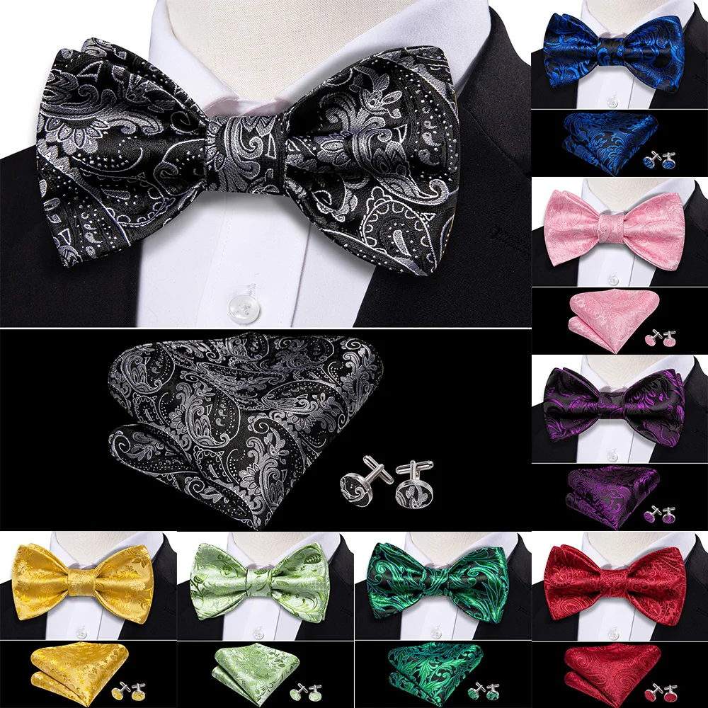 

Classic Black Slef Bowtie For Men Fashion Floral Silk Butterfly Handkerchief Cufflinks Sets Business Party Gift Barry.Wang 1108