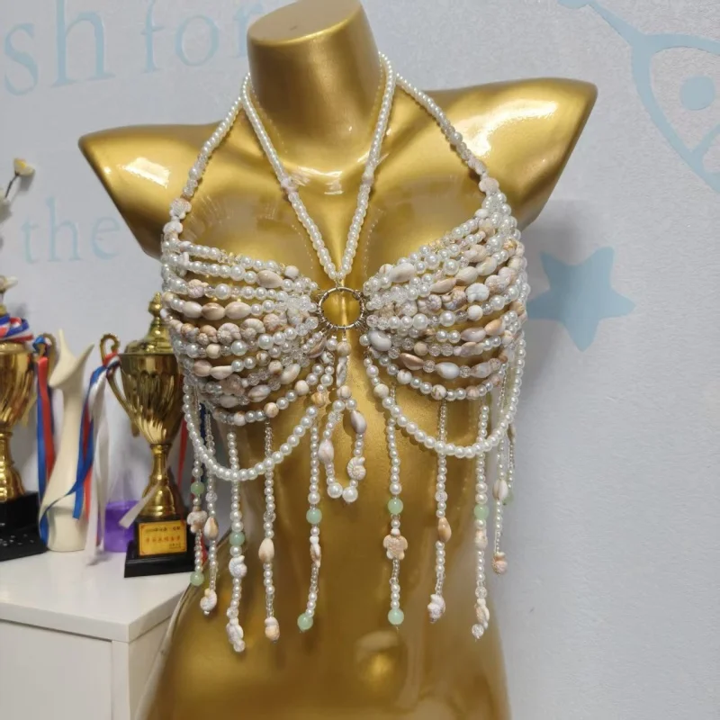 Handgefertigtes Damen-Muschelperlen-Neckholder-Top mit Quastenfransen, Körperkette für Strand, Festival, Boho-Stil, Neckholder-Kristall-Bikini-Oberteil – Detail 10