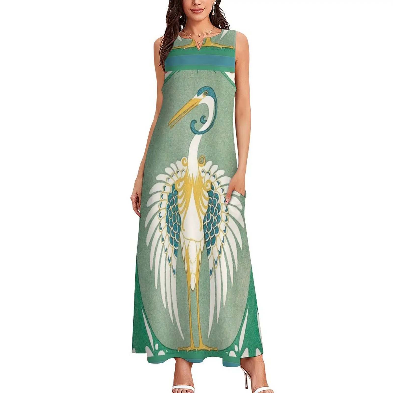 ART NOUVEAU CRANE BIRD WITH STYLIZED FLORAL IN WHITE BLUE GREEN YELLOW Long Dress dress for women summer Dress