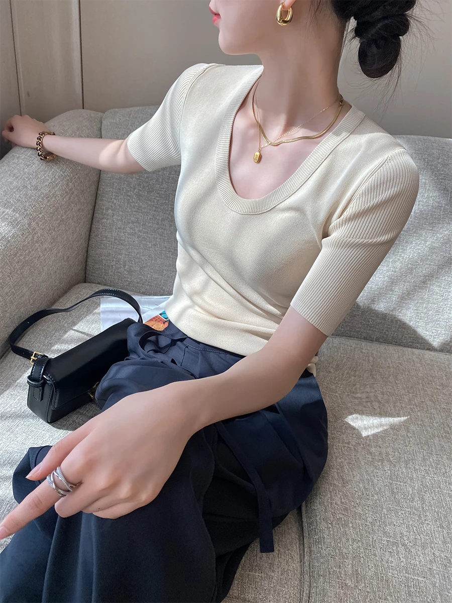 

Облегающий трикотаж ort Sve U-Ne, женский повседневный трикотаж из вискозы и нейлона, лето 2023, модный универсальный топ ort Length