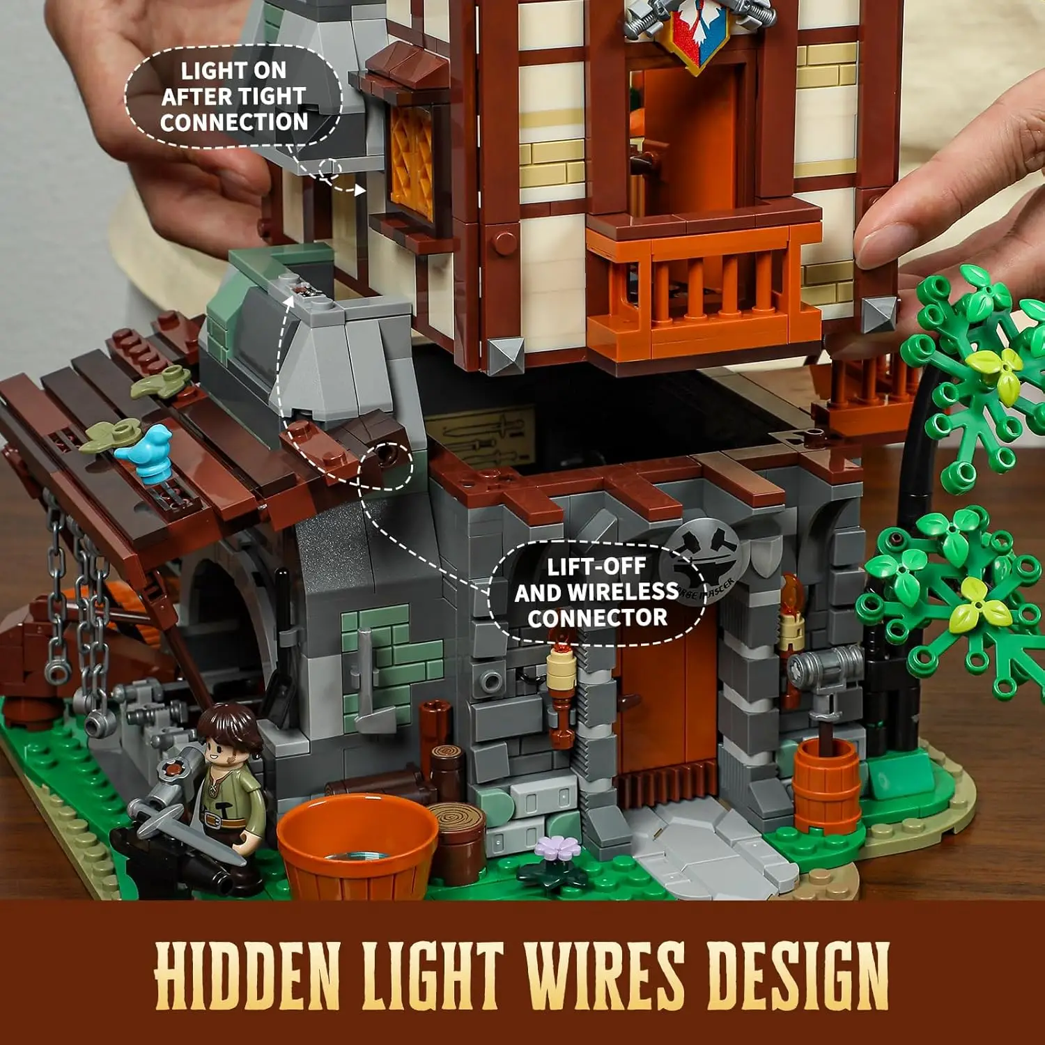 Conjunto de tijolos de construção de iluminação de casa de forja medieval, 1595 peças, kit de ferreiro, casa de castelo, conjunto de exibição colecionável