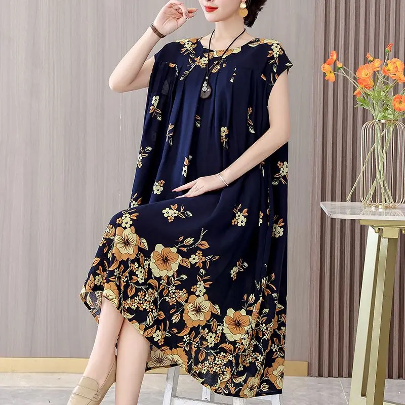 

Fashion Broken Flowers Midi Dress Women's Clothing Sleeveless Straight Loose Summer Casual Round Neck Fashion Pleated Dresses