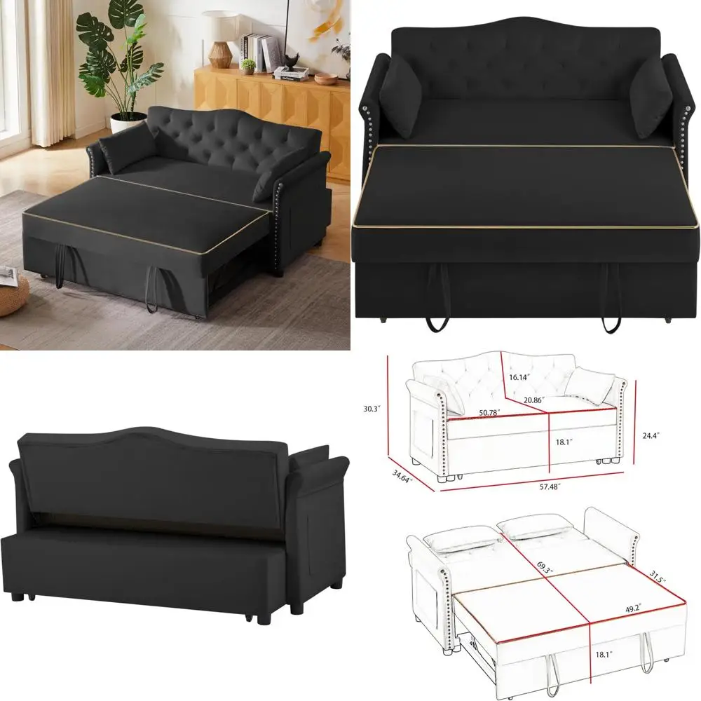 Convertible Sleeper Sofa Bed 57 with Adjustable Backrest, Chaise Lounge, Pillows, Side Storage - Stylish Functional Living Space