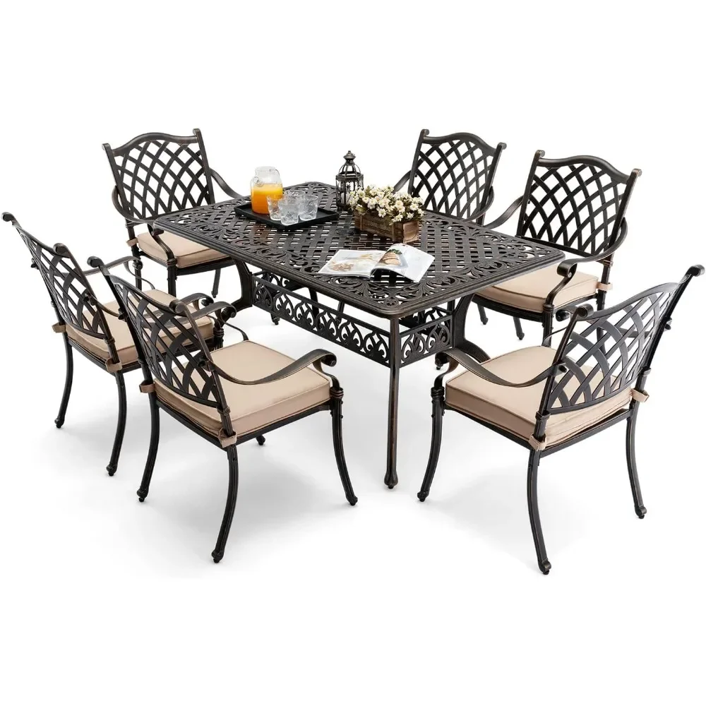 

7 Piece Outdoor Dining Set Cast Aluminum Terrace Dining Set for 6 People, 59 Inch Rectangular Table, 6 Chairs, Cushions