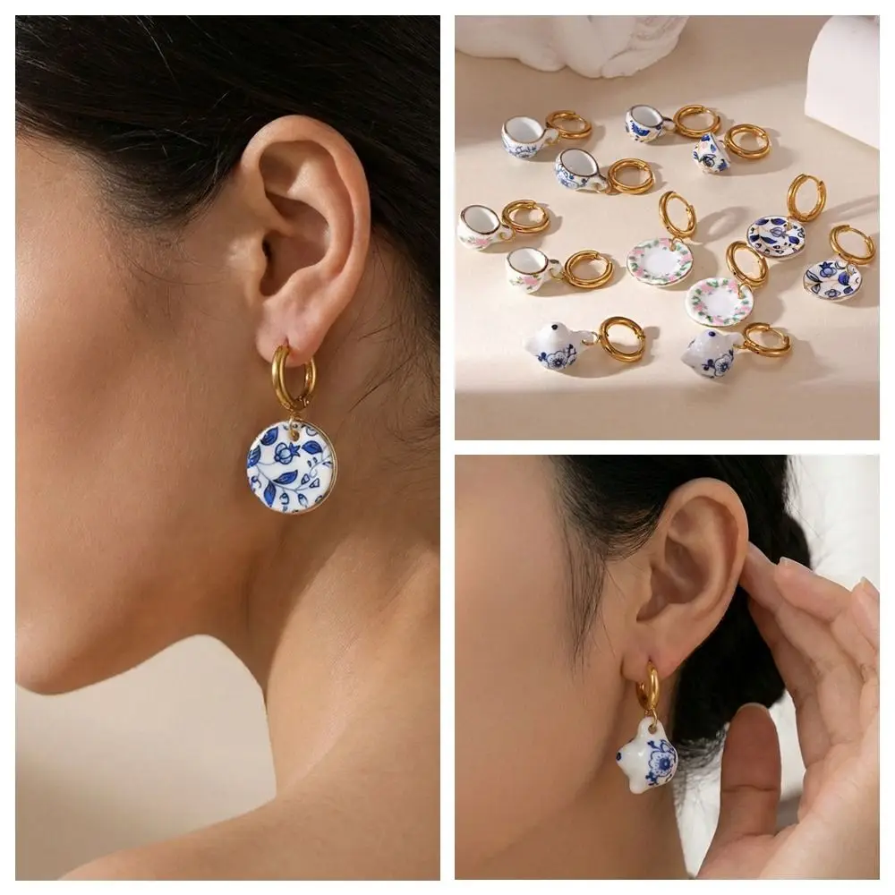 Chinese Style Ceramic Ear Buckle Dripping Oil Flower Blue and White Porcelain Earrings Stainless Steel Hand Drawn