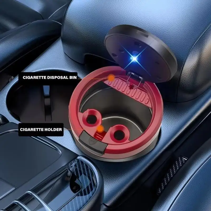 Car Ashtray Flame Retardant Alloy Liner One Touch Lid Built In LED Light For Daily Car Driving Use