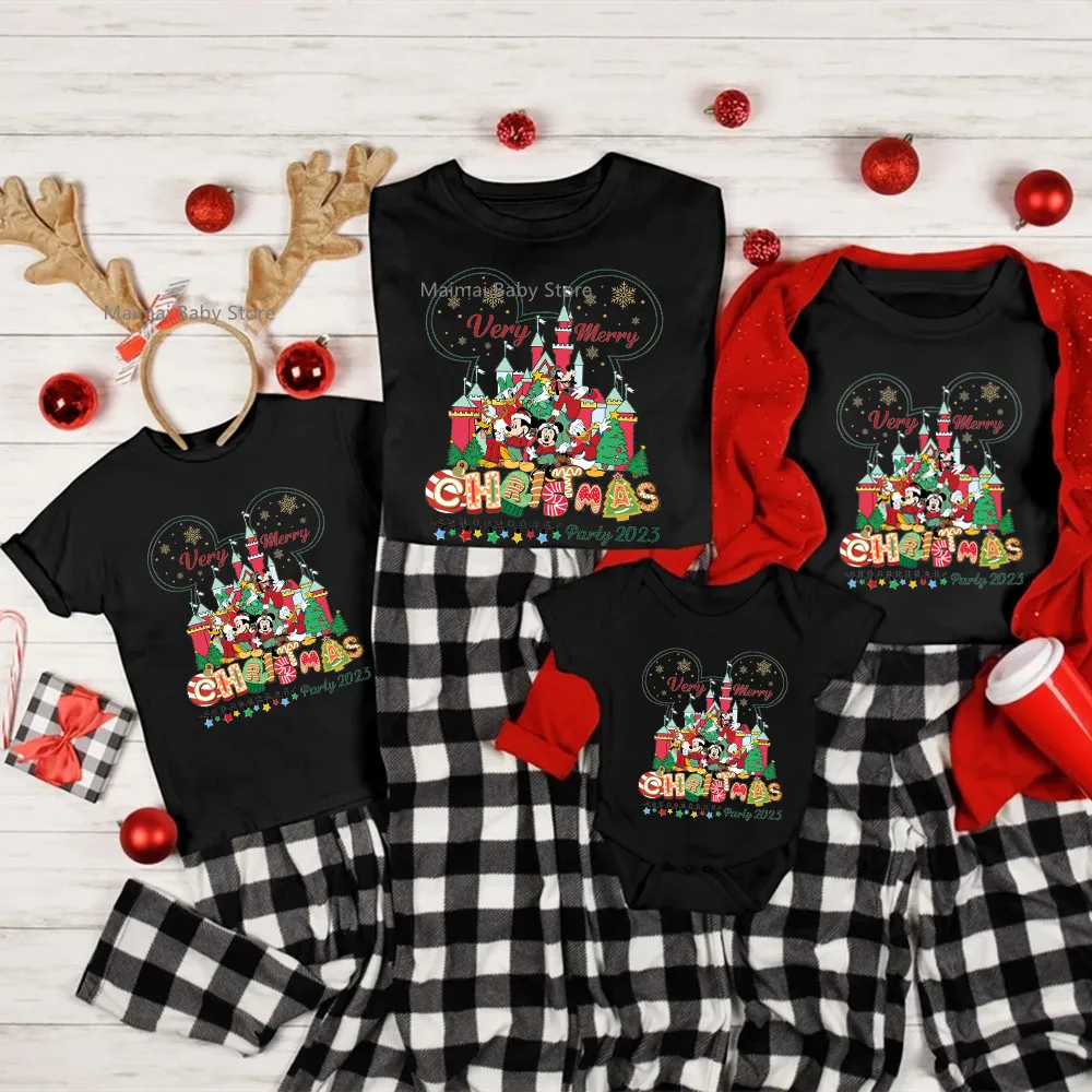 Very Merry Christmas Party 2023 Family Matching Shirts Cute Mickey Minnie Mouse and Friends Print Disney Xmas Trip Outfits