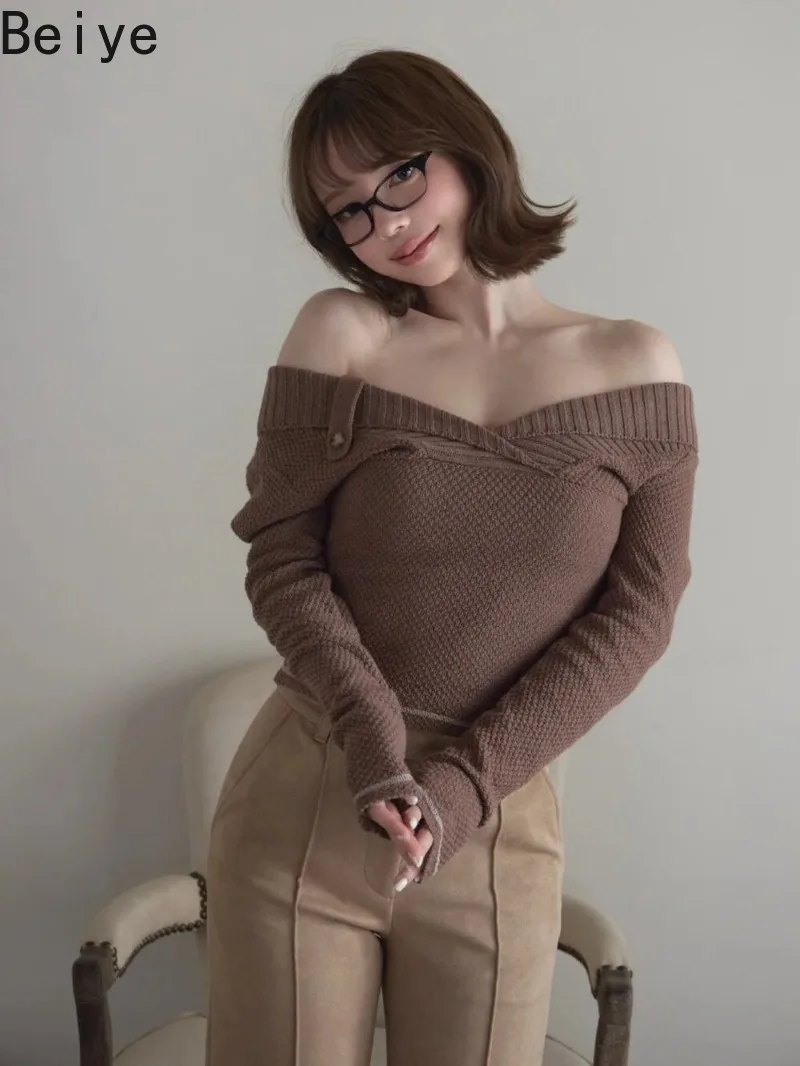 Women Jirai Kei Off Shoulder Knit Sweater Lapel Collar Button Decor Long Sleeve Jumpers Lady Slim Harajuku Pullover Y2K Knit Top