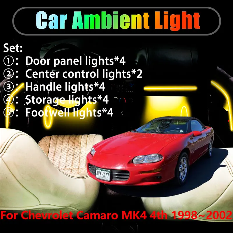 

Для Chevrolet Camaro 1998 ~ 2002 MK4 4th 2/18 в 1, автомобильное окружающее освещение, светодиодные внутренние светодиодные фонари багажника, USB RGB Ensemble Streamer