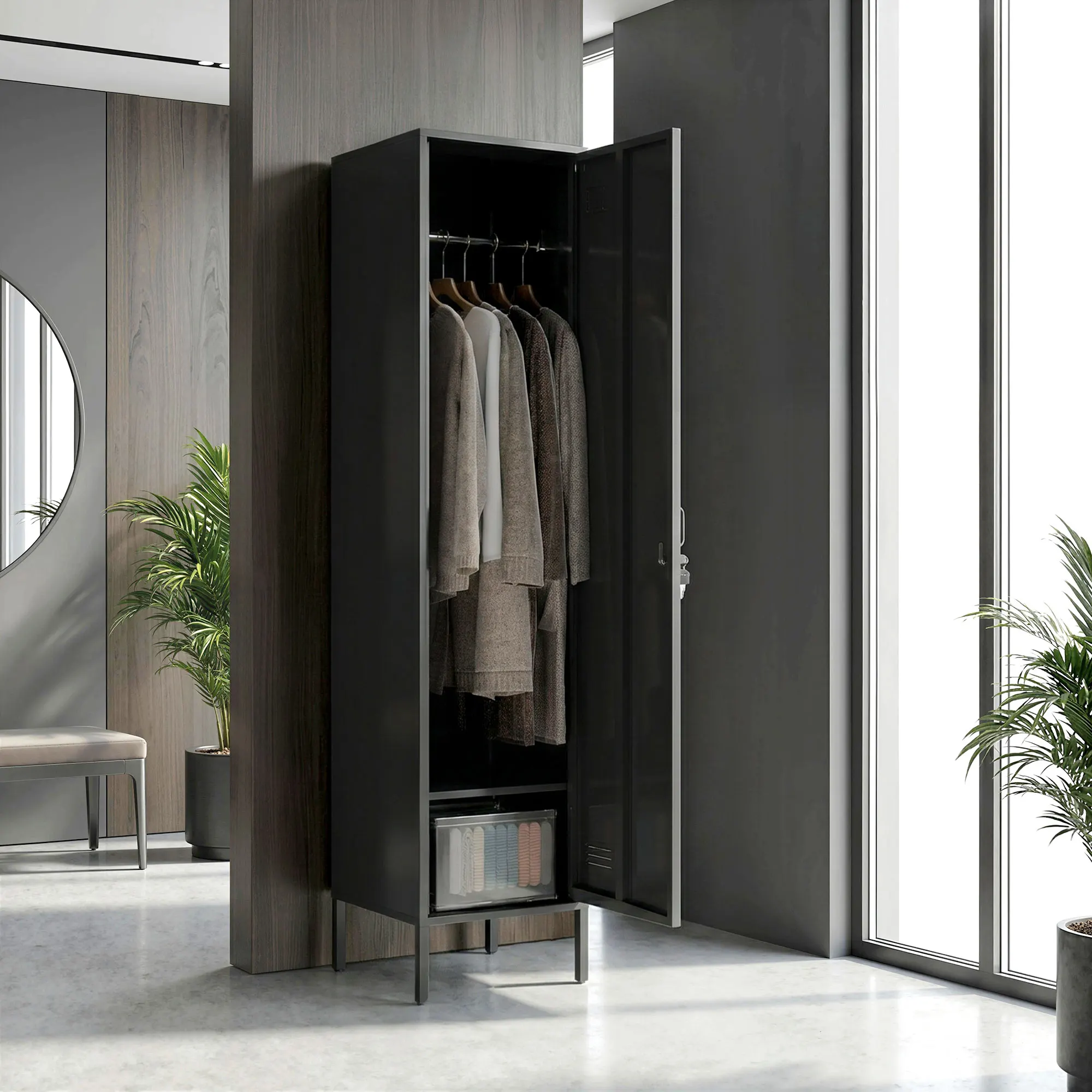 HOMCOM Metallshrank Spind Abschließbar Schließfachschrank mit Kleiderstange, Namensschildhalter, Lüftungsschlitze und Ablage Kleiderschrank Aufbewahrungsschrank 40x40x179cm Schwarz