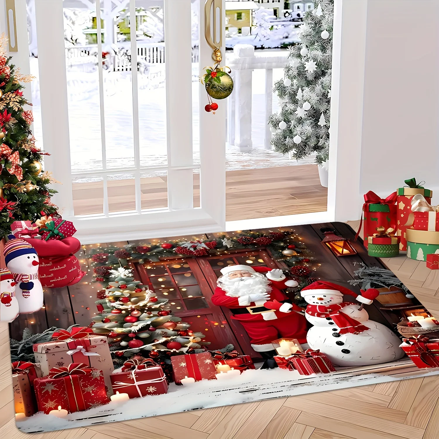 Santa Snowman Striped Picket Fence Christmas Rug Non Slip Washable Mat For Entryway Bedroom Patio Indoor Outdoor Decor