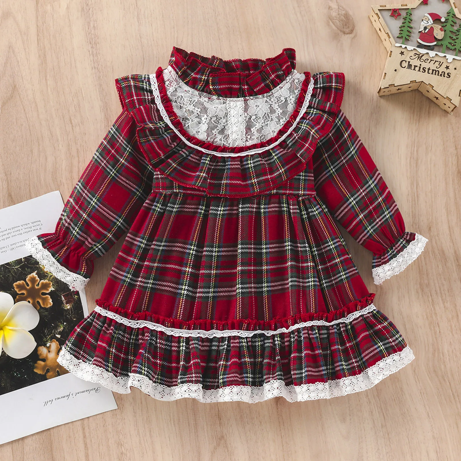 Toddler Girls Christmas Long Sleeve Lace Plaid Prints Princess Dress Xmas Party Ruffles Dresses Girl Leotard Dress