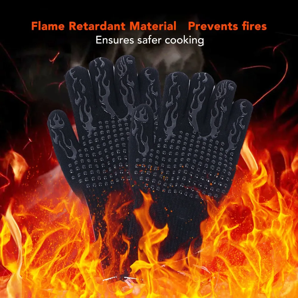 2PCS 800°C /1472°F BBQ Grilling Glove Inner Layer Cotton Outer Flame Retardant Yarn+Silicone Heat Resistant Glove Long Cuff