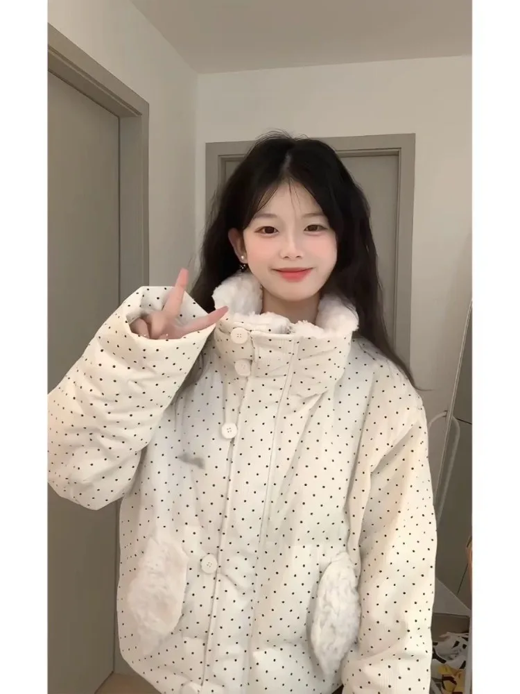 Parki damskie z bawełny puchowej w korduroy w kropki, nowe, grube, luźne kurtki z futrzanym kołnierzem na zimę 2025, koreański szyk Harajuku, ciepłe topy