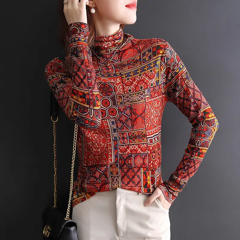 Female Clothing Folk Printed T-shirt Spring Autumn Patchwork Contrasting Colors Stylish Half High Collar Long Sleeve Pullovers