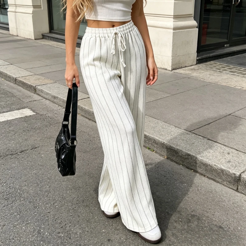 New Fashion Striped Women's Wide-leg Pants Casual Loose Drawstring Elastic High Waist Multi-color Women's Straight-leg Pants