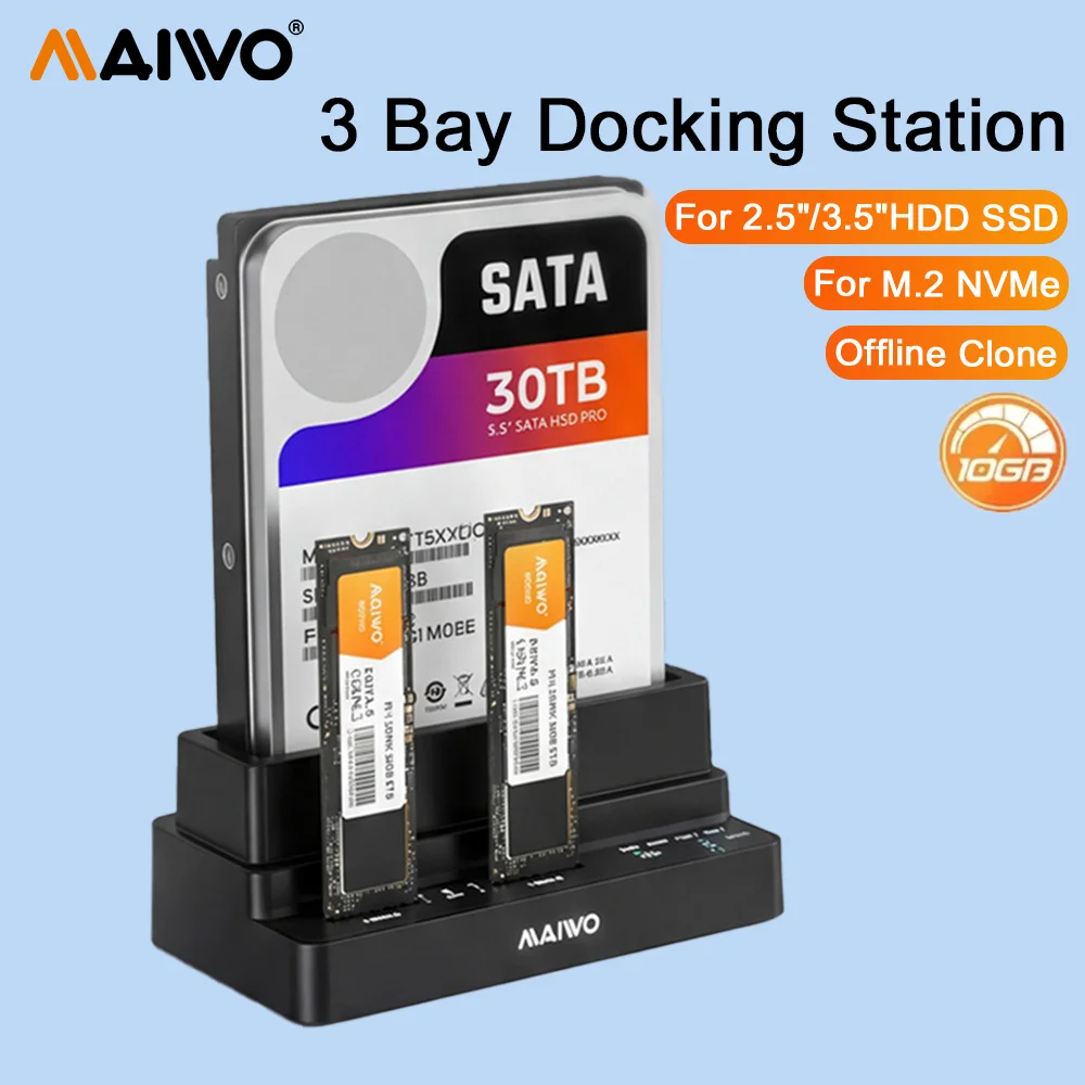 MAIWO 3 Bay Hard Drive Docking Station 10Gbps with M.2 NVMe SSD Enclosure 2.5' 3.5'' Inch HDD Case Offline Clone for Pc Laptops