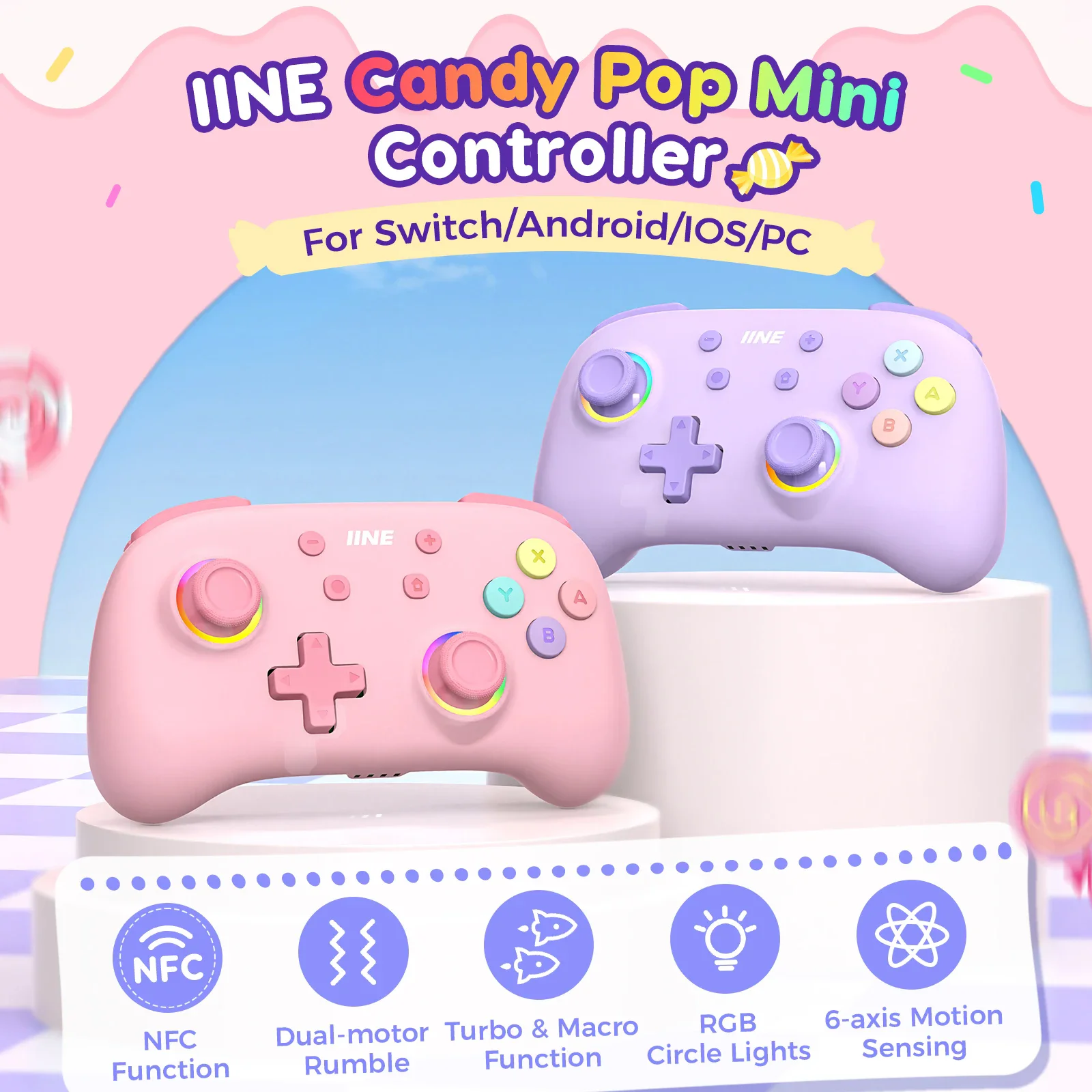 IINE 캔디 팝 미니 컨트롤러, 지지대 NFC 기능, 터보 및 매크로 기능, 스위치, PC, 안드로이드, IOS와 호환