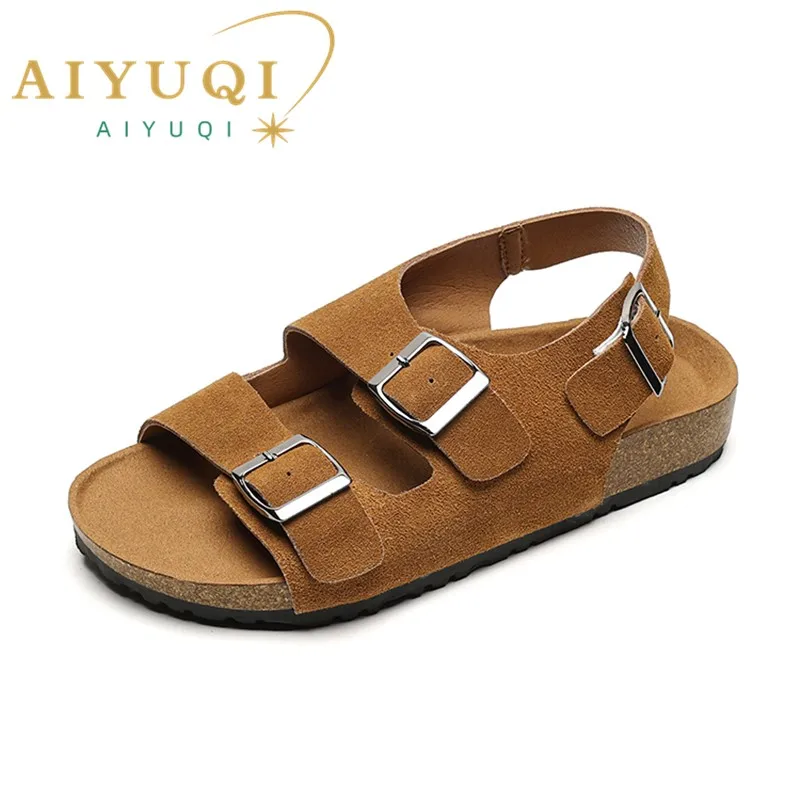 AIYUQI Women Sandals Retro 2024 New Genuine Leather Beach Sandals Women Summer Wear Flat Large Size 41 42 43 Women\'s Sandals