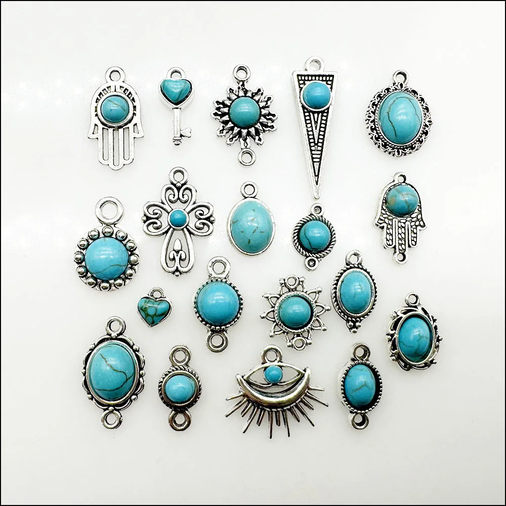 Palm Cross Heart Pendants Antique Silver Color Turquoise Charms For Bracelets Charms Making Jewelry