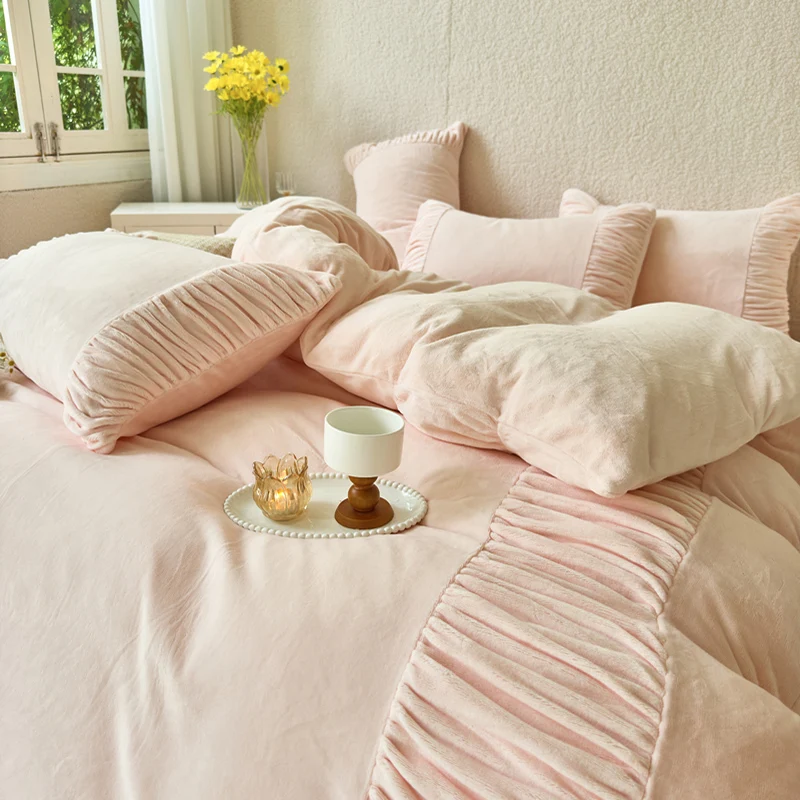 4Pcs Pink Pleated Ruffles Soft Warm Velvet Bedding Set Queen King Size Plush Duvet Cover Set Bed Sheet Pillowcases