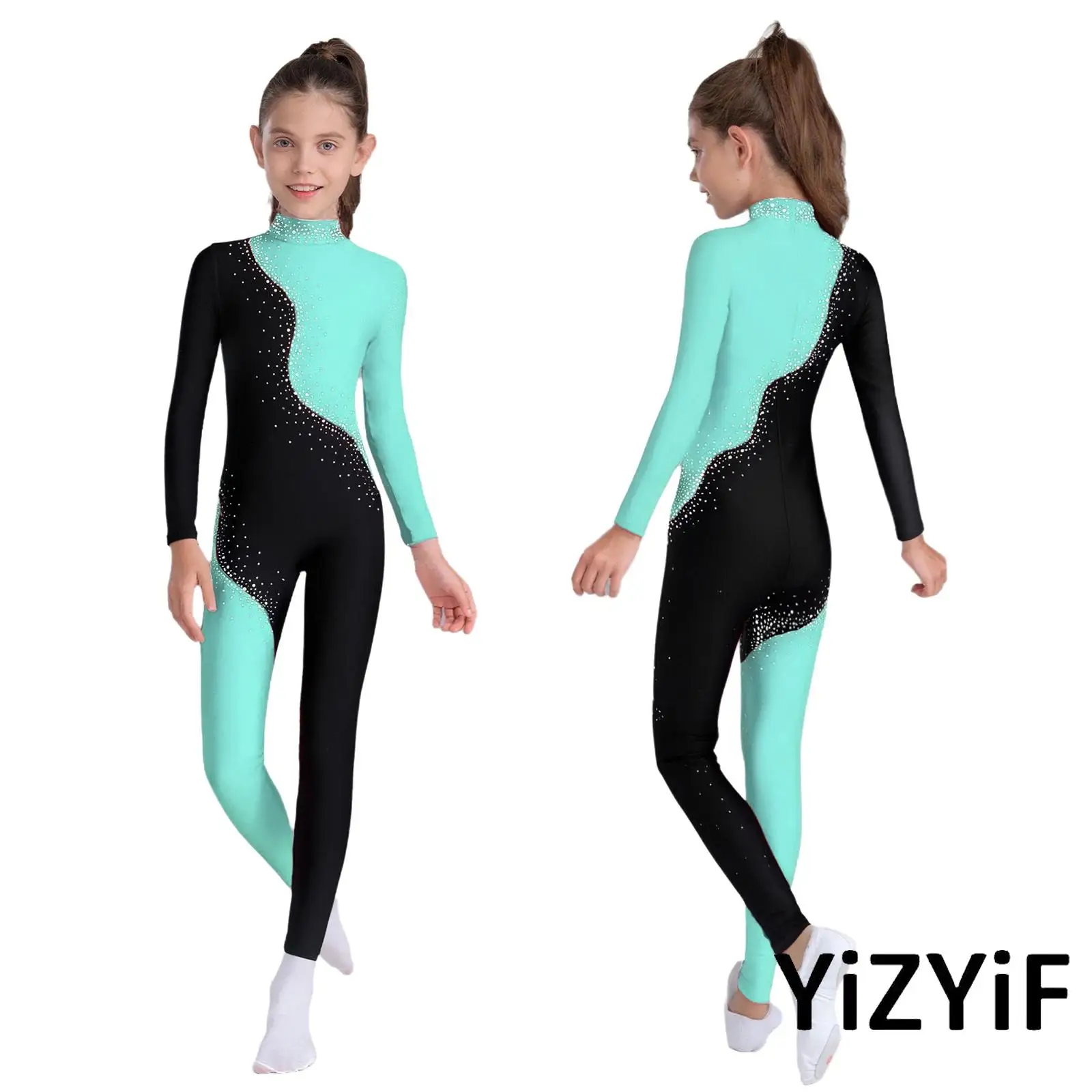Body da bambina per performance jazz, body a maniche lunghe con strass, con cerniera posteriore completa per danza, ginnastica, yoga