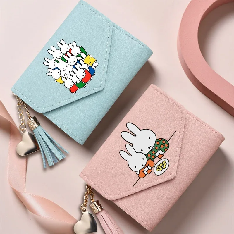 Cartoon M-Miffy-S Hasen-Geldbörse mit Quastenanhänger, dreifach faltbare kurze Kartenbörse, Münzgeldbörse, Geldklammer, modisches Geschenk