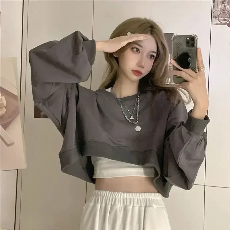 Streetwear Women Sexy Solid Cropped Sweatshirts Oversize Loose Harajuku Pullovers T Shirt Spring Korean Chic Casual Tops Y2K