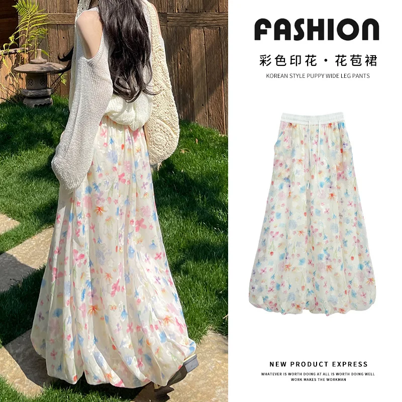 

Sweet Floral Printing Chiffon Skirts Women Summer High Waisted Long Flower Bun Skirts Woman Korean Chic Loose Fairy Maxi Skirt