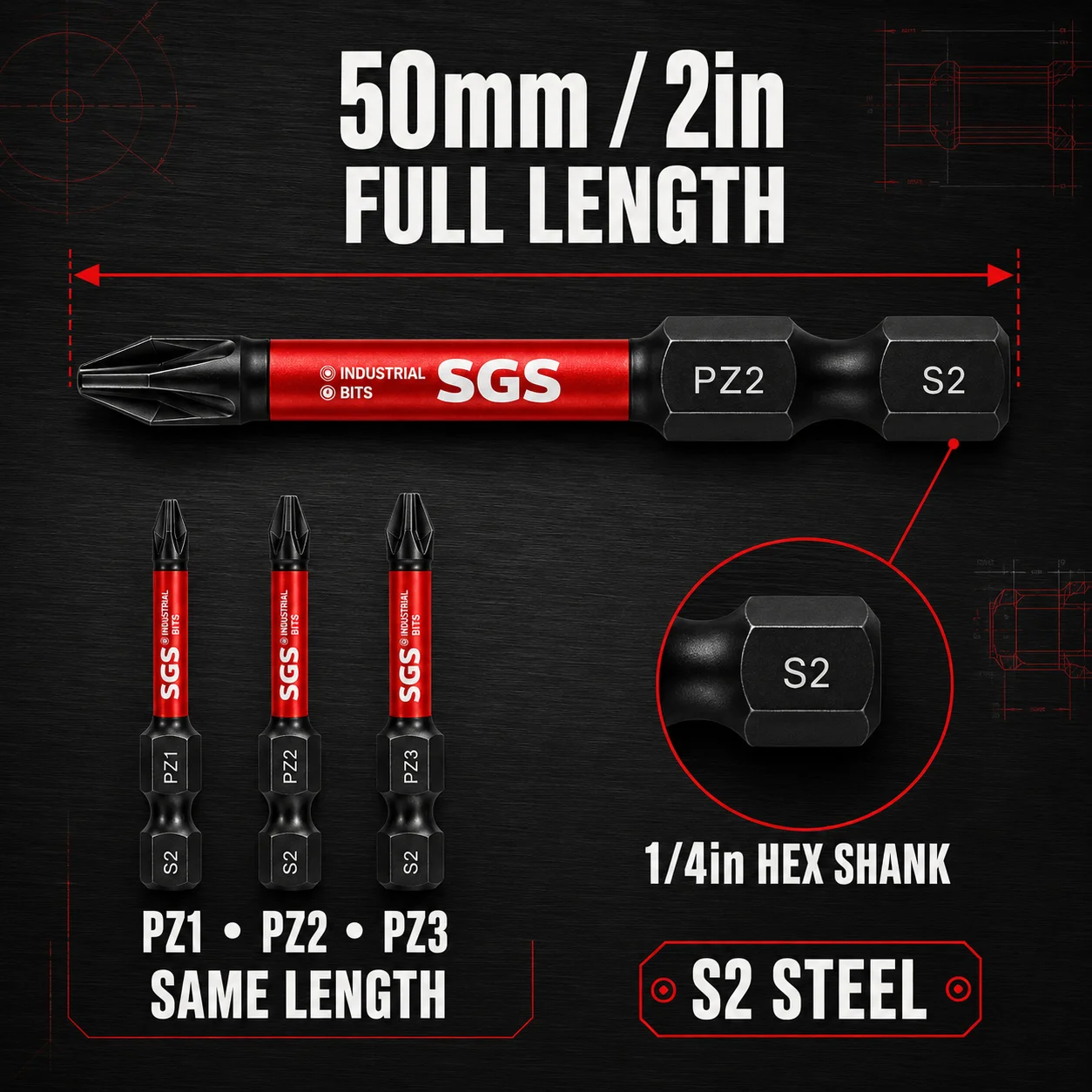 15-teiliges Set mit 50 mm langen PZ/PH Phillips-Schlagschrauber-Bits, S2-Legierungsstahl PZ1/PZ2/PZ3/PH1/PH2/PH3, 1/4-Zoll-Sechskantschaft, inklusive roter Aufbewahrungsbox, geeignet für Elektrobohrmaschinen, Schlagschrauber und Elektroschrauber. – Detail 3