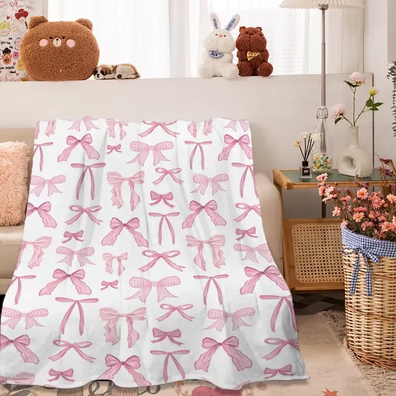 Coquette Pink Ribbon Bow Pattern Fleece Throw Blanket, Sweet Aesthetic Girly Blanket, All‑Season Warm Soft Blanket for Couch Bed