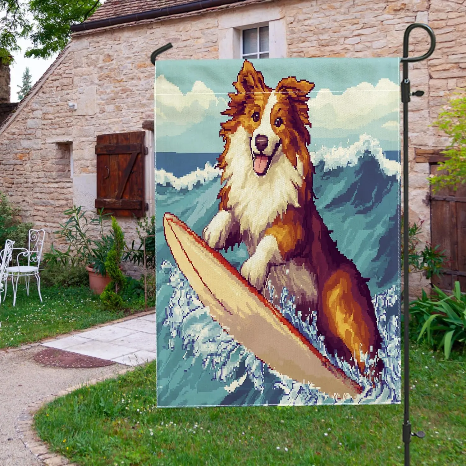 Fun Rough Collie Dog Garden Flags 12x18 Inch for Outside, Summer Pixel Art Surf Chien Standard Vertical Linen Flags for Hous uui