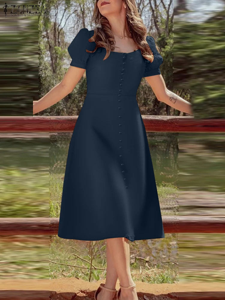 

ZANZEA Summer Elegant Square Neck Puff Sleeve Party Work Sundress Women Solid A Line Dress Fashion Casual Holiday Vestidos Robe