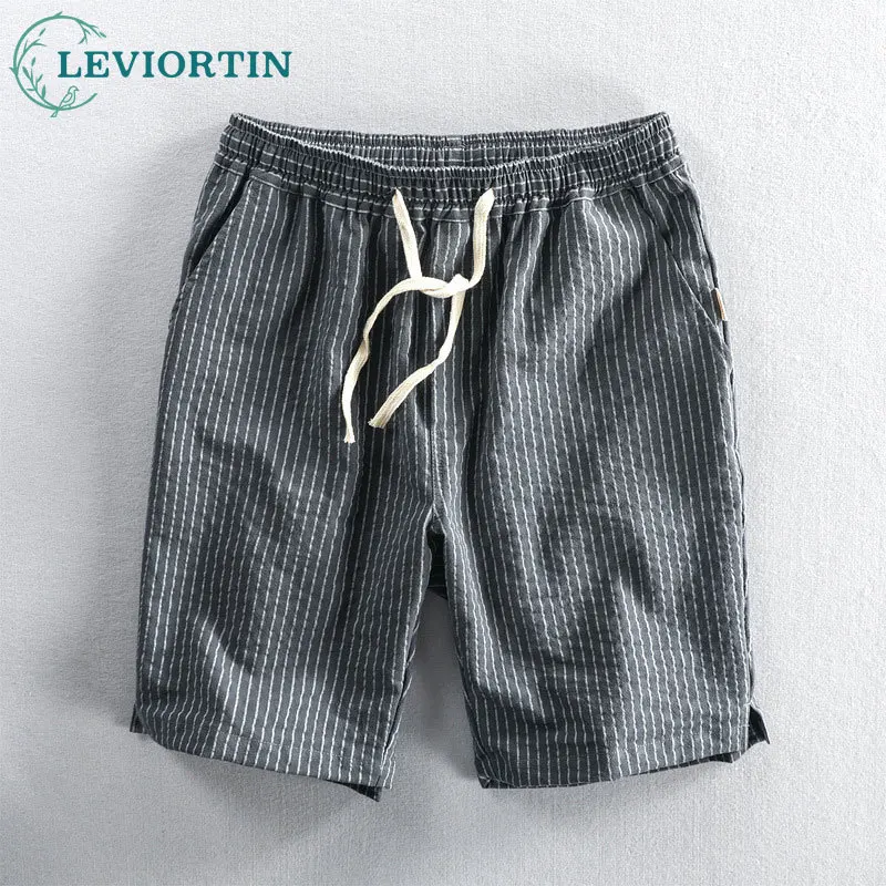 Summer Men Cotton Beach Shorts Pants Breathable Comfortable Striped Loose Drawstring Cropped Hawaiian Youth Man Shorts Pants