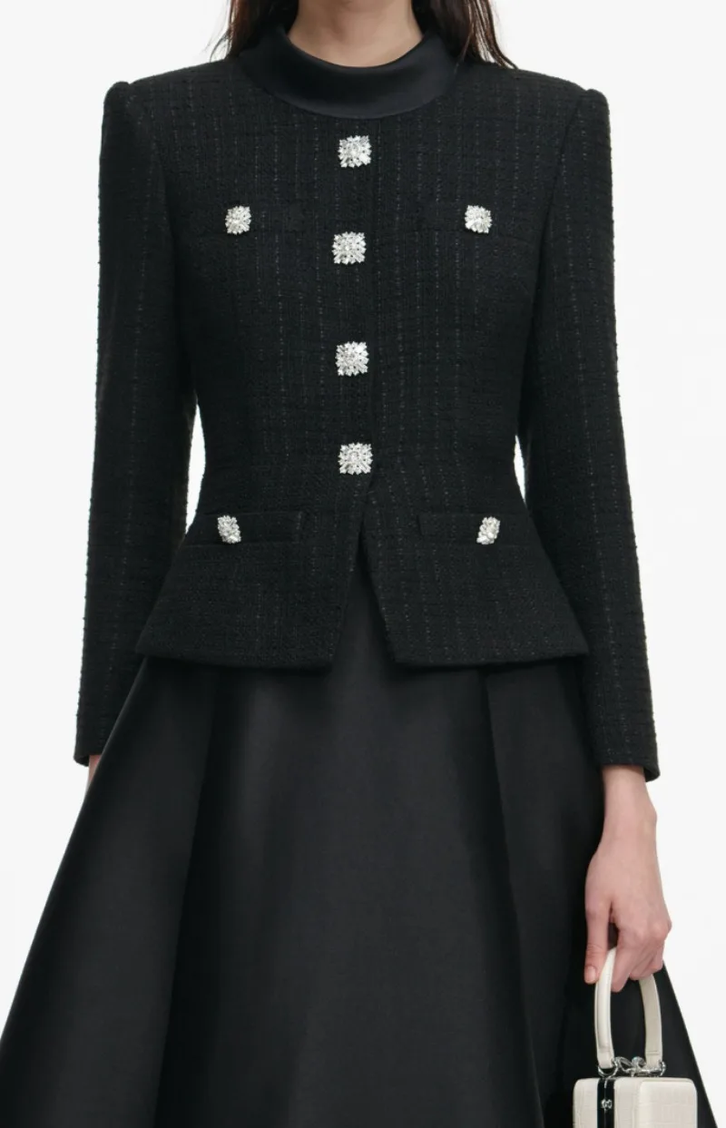 فستان نسائي أسود من التويد بأكمام طويلة ورقبة دائرية عتيق أنيق من فيستدوس ضيق عالي الخصر ملابس أنيقة للسيدات