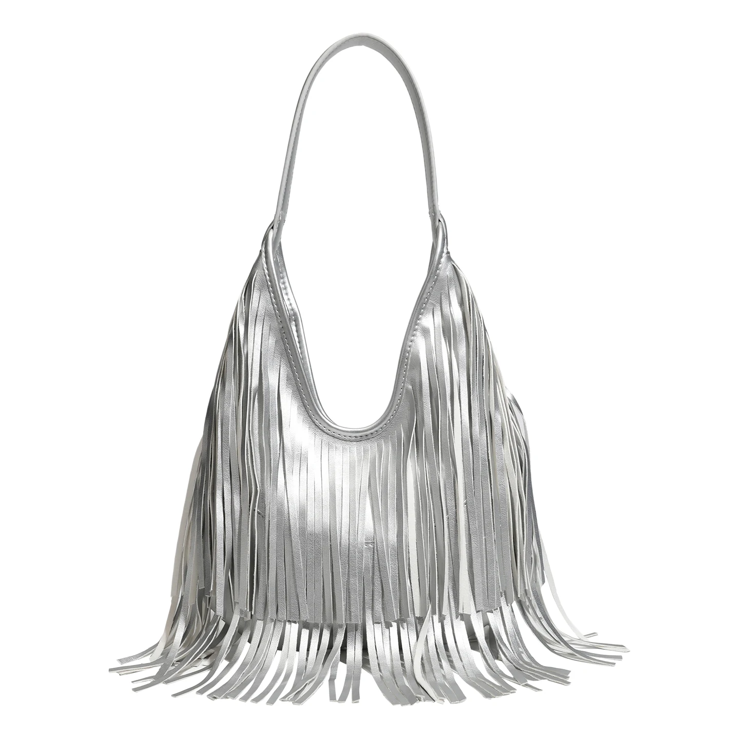 

Модные длинные сумки на плечо с кисточками для женской сумки из мягкой искусственной кожи, повседневная сумка-бродяга подмышками, женская сумка-тоут bolsos, серебро
