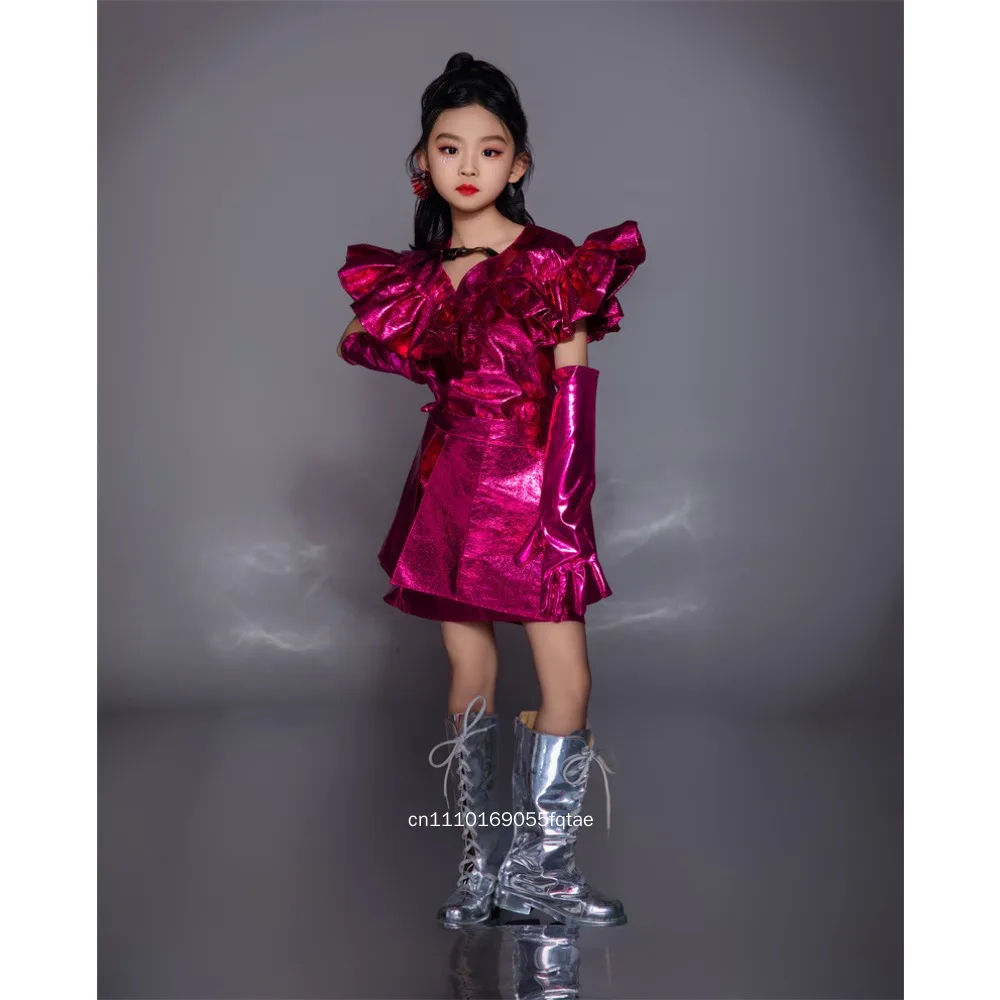 Girls Metallic Silver Faux Leather Tracksuit Metaverse Tech Style Fashion Outfit Catwalk Show Cool Motorcycle Biker Jacket Set