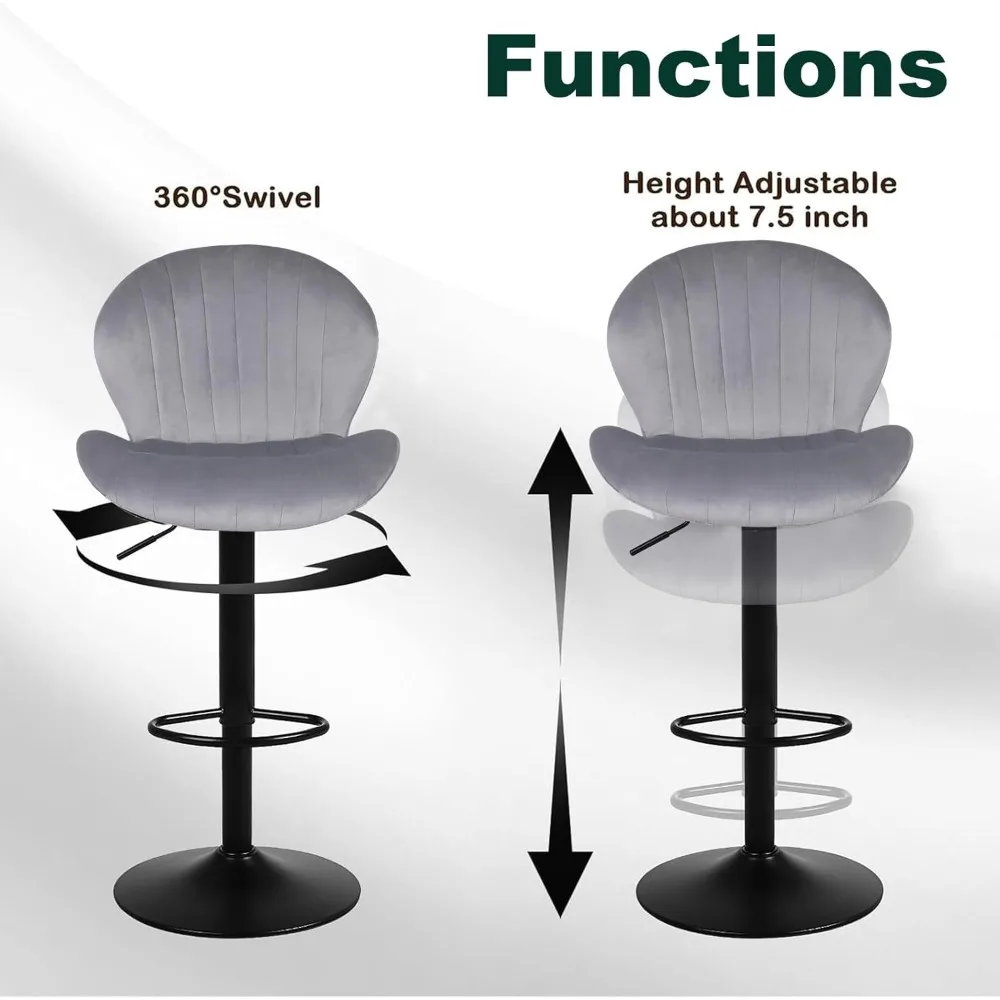 Modern Bar Stools Set of 3, Velvet Height Adjustable Swivel Barstools, Armless Kitchen Island Counter Chairs